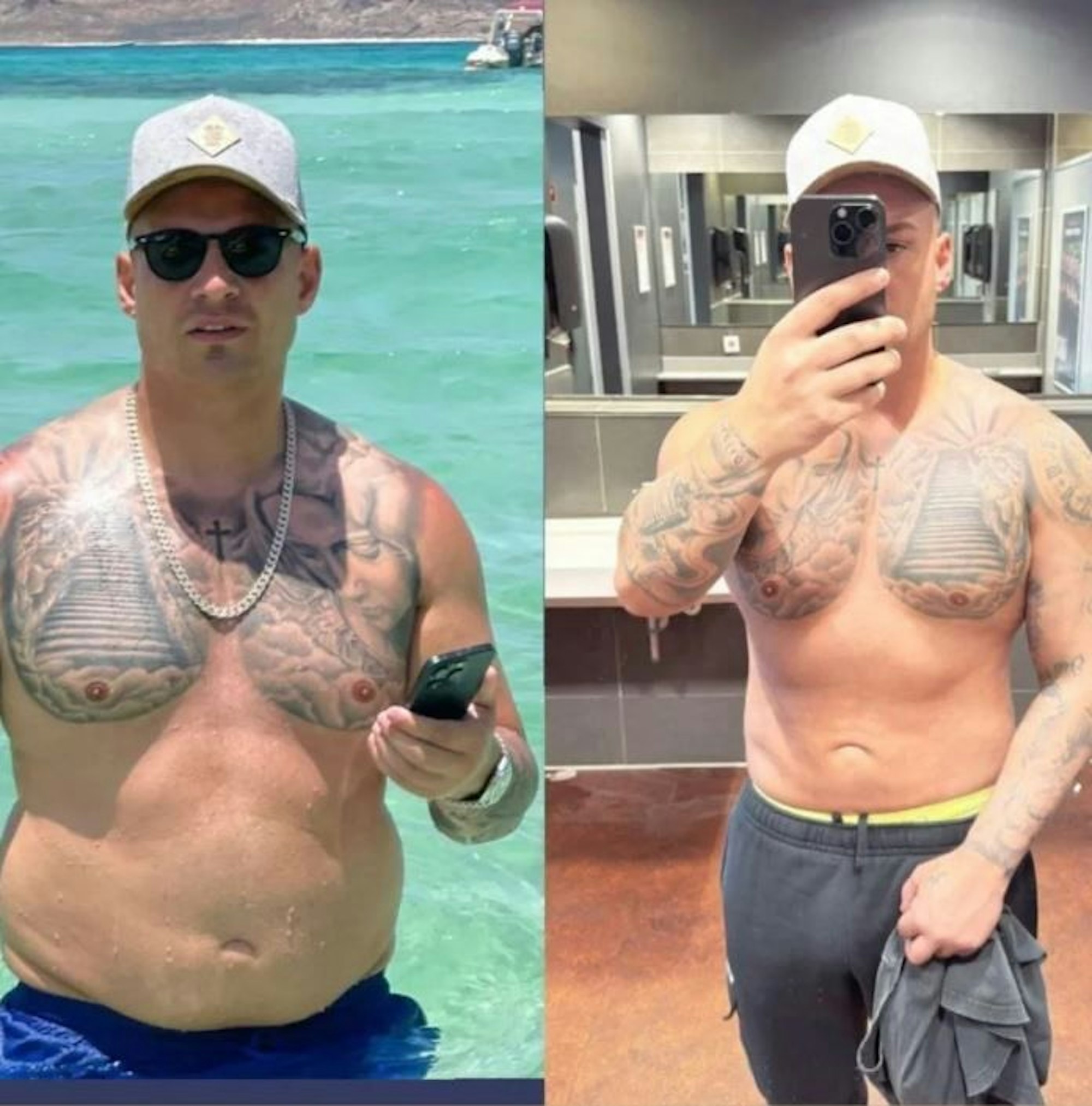 Sänger Pietro Lombardi zeigt seine Transformation. Links: Pietro mit Bauch. Rechts: Pietro mit definierterem Körper.