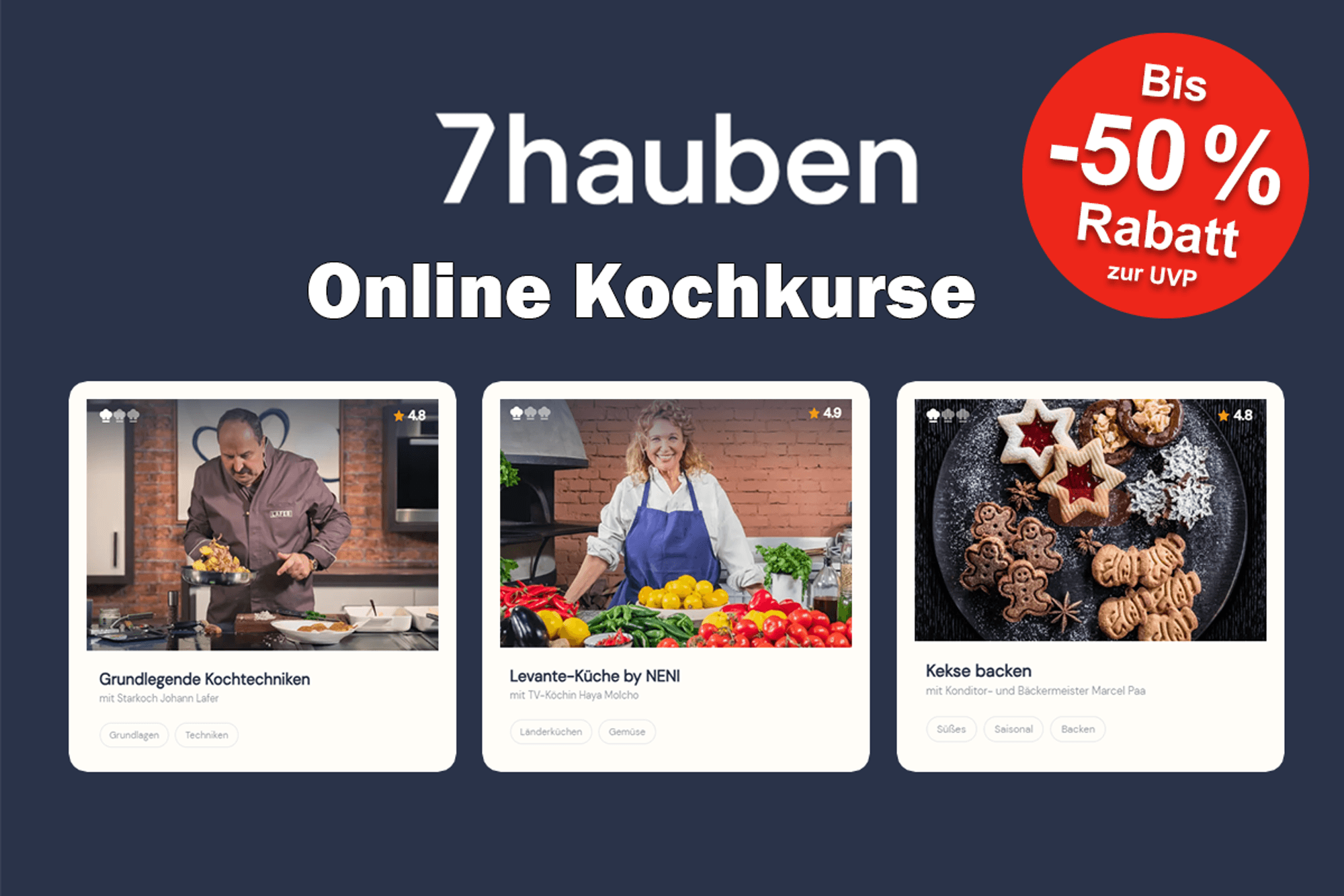 Im Weihnachts-Sale bis zu 50% auf die Online-Kurse von 7hauben sparen, blauer Hintergrund und Kursdarstellungen