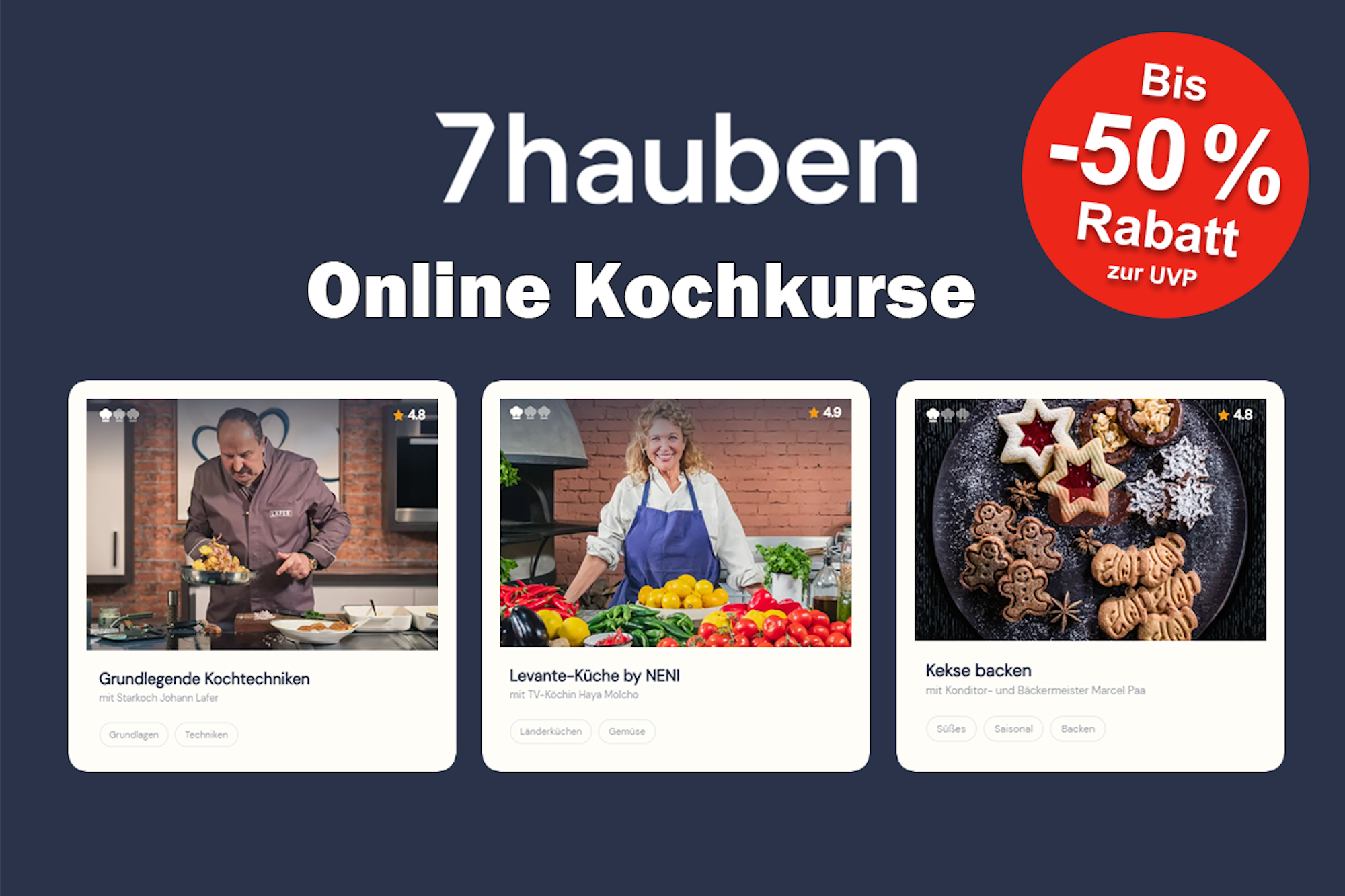 Im Weihnachts-Sale bis zu 50% auf die Online-Kurse von 7hauben sparen, blauer Hintergrund und Kursdarstellungen