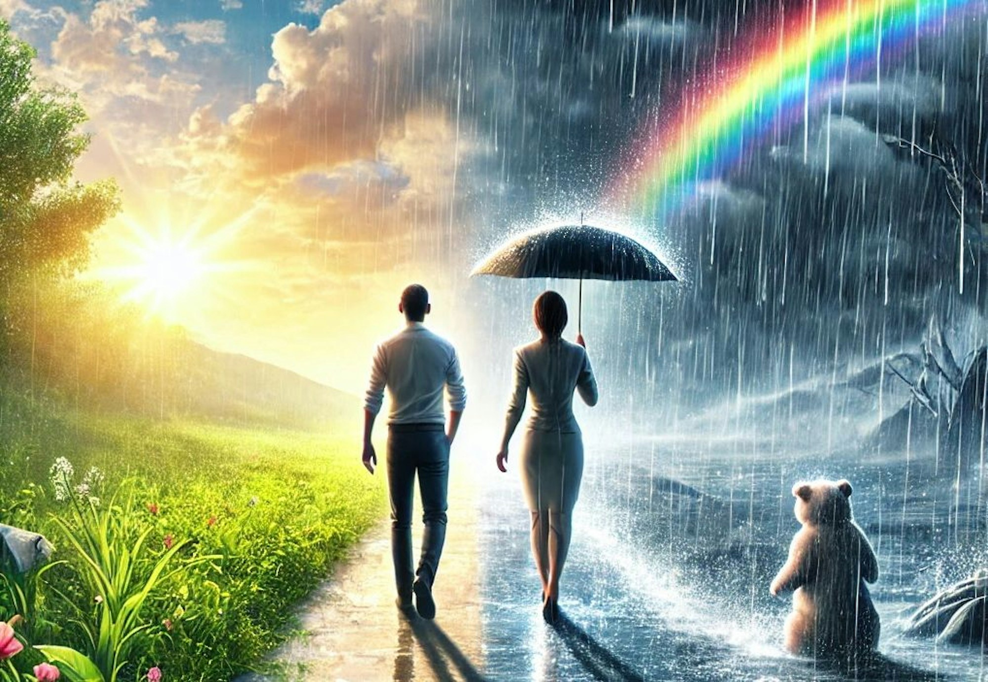 Mann und Frau gehen nebeneinander einem Sonnenaufgang und einem Regenbogen entgegen.