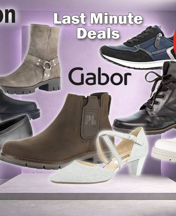 Gabor Schuhe wie Winterstiefel, Chelsea Boots, klassische Stiefel, Schnürstiefel, Pumps und Sneaker im Amazon Sale vor einem minimalistischen Raum ohne Einrichtung und einer violetten Wand.