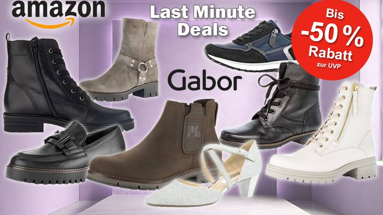 Gabor Schuhe wie Winterstiefel, Chelsea Boots, klassische Stiefel, Schnürstiefel, Pumps und Sneaker im Amazon Sale vor einem minimalistischen Raum ohne Einrichtung und einer violetten Wand.