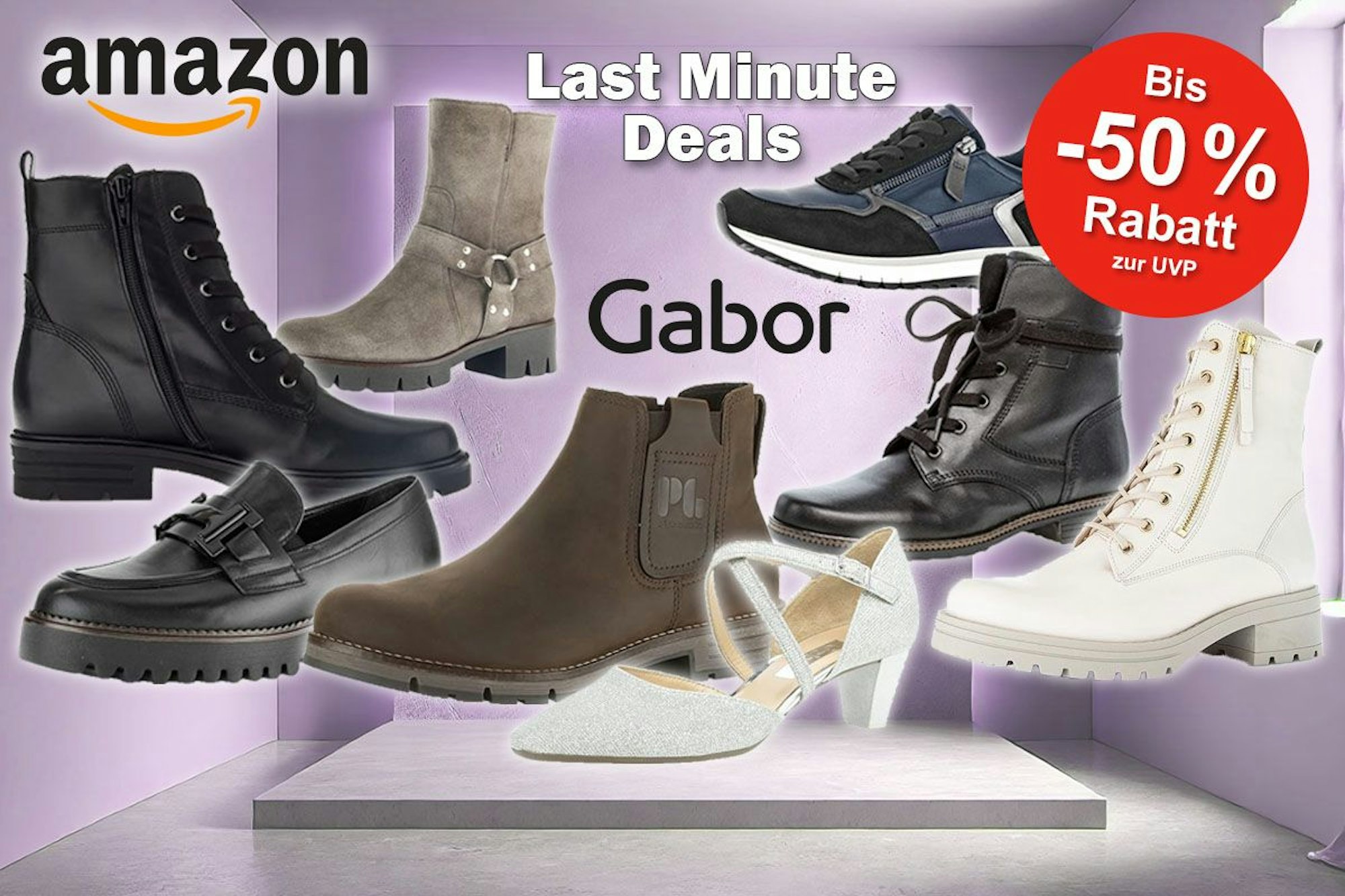 Gabor Schuhe wie Winterstiefel, Chelsea Boots, klassische Stiefel, Schnürstiefel, Pumps und Sneaker im Amazon Sale vor einem minimalistischen Raum ohne Einrichtung und einer violetten Wand.