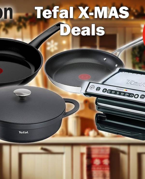 Tefal Jamie Oliver Pfannen, Schmortopf Trattoria und Tefal Optigrill vor einer weihnachtlich geschmückten Küche.