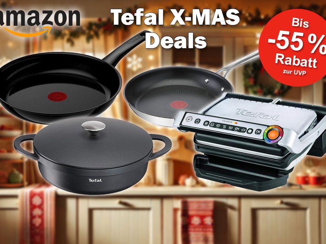 Tefal Jamie Oliver Pfannen, Schmortopf Trattoria und Tefal Optigrill vor einer weihnachtlich geschmückten Küche.