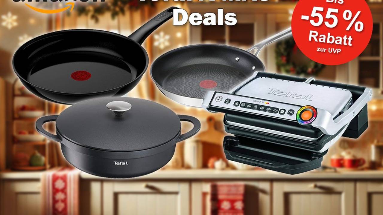 Tefal Jamie Oliver Pfannen, Schmortopf Trattoria und Tefal Optigrill vor einer weihnachtlich geschmückten Küche.
