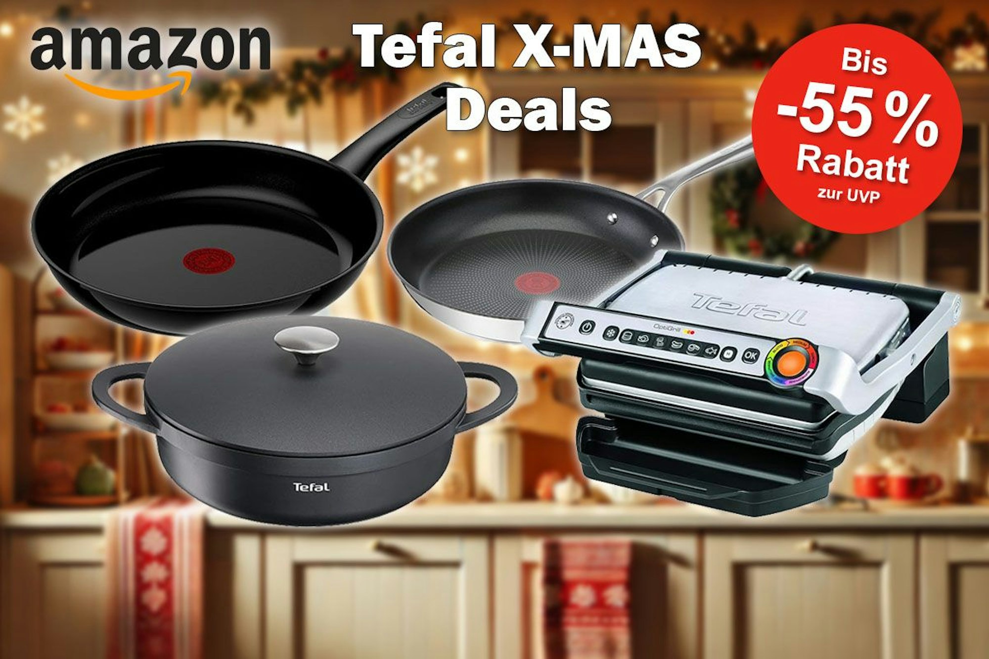 Tefal Jamie Oliver Pfannen, Schmortopf Trattoria und Tefal Optigrill vor einer weihnachtlich geschmückten Küche.