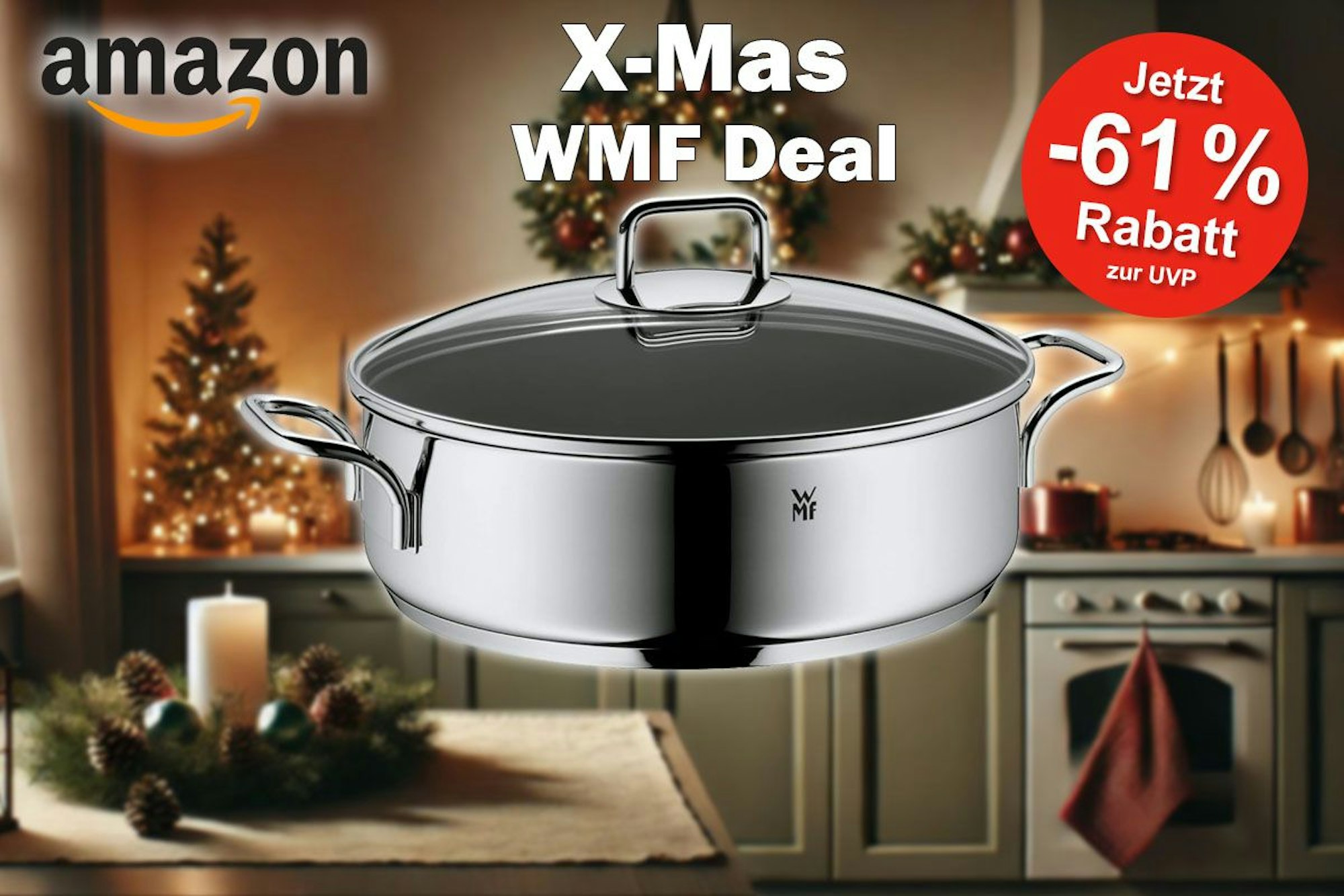 WMF Schmorpfanne und Bräter bzw. Schmortopf vor einer leicht beleuchteten und weihnachtlich geschmückten Küche.
