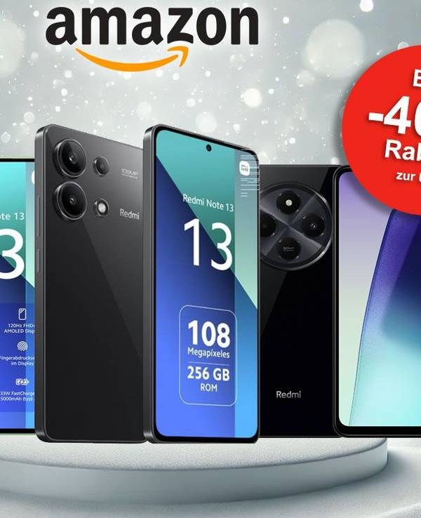 Auf dem Bild sind unterschiedliche Xiaomi Handy Modelle zu sehen. Im Hintergrund ein verschneites Wäldchen.