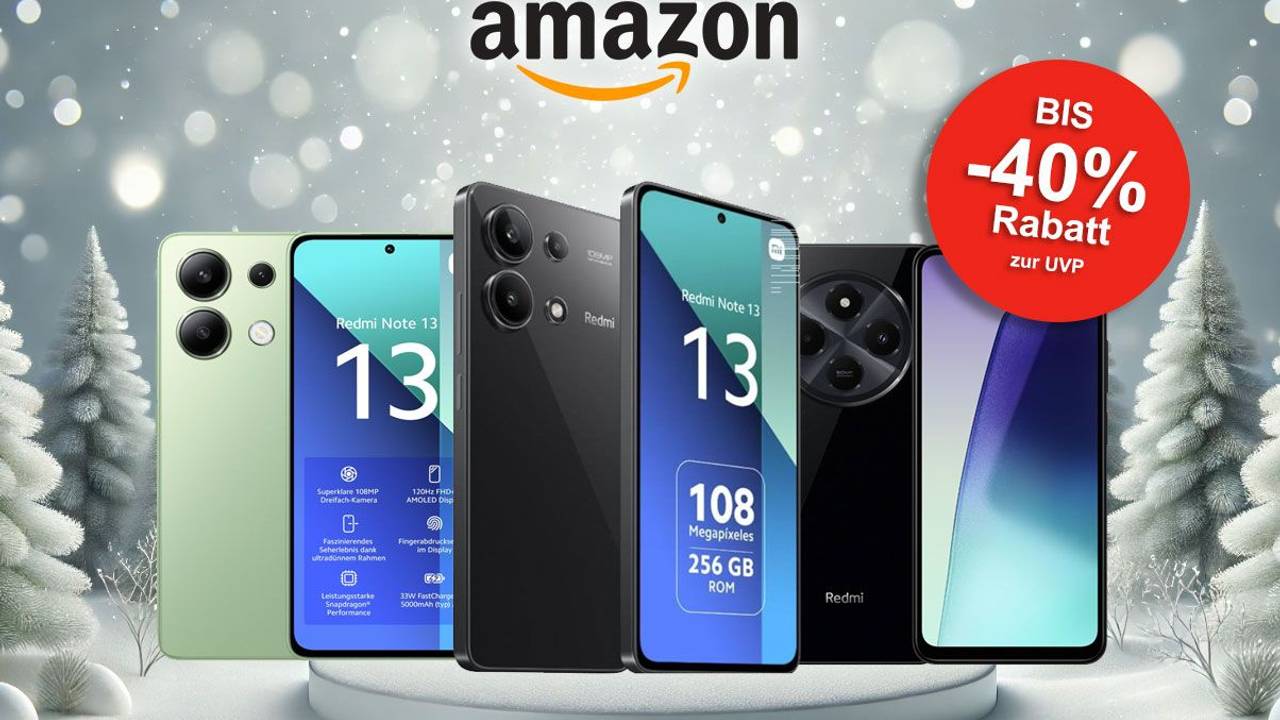 Auf dem Bild sind unterschiedliche Xiaomi Handy Modelle zu sehen. Im Hintergrund ein verschneites Wäldchen.