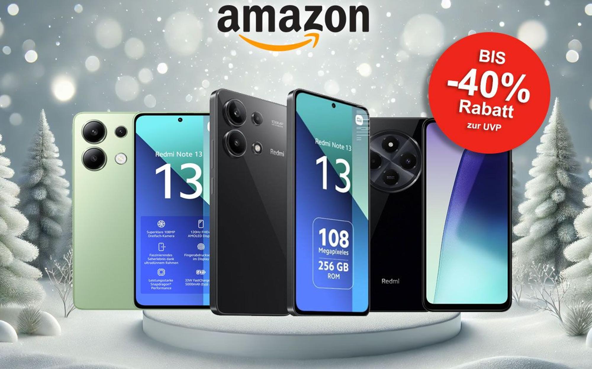Auf dem Bild sind unterschiedliche Xiaomi Handy Modelle zu sehen. Im Hintergrund ein verschneites Wäldchen.