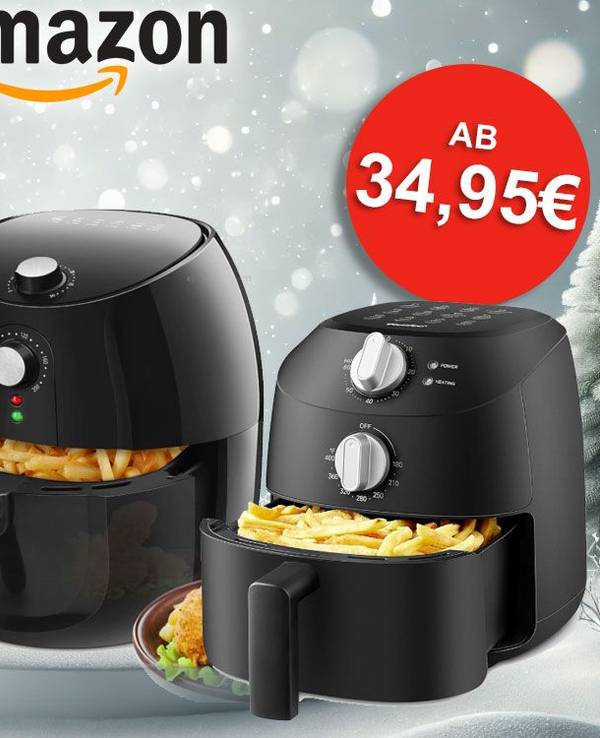 Auf dem Bild sind 3 Airfryer vor einer Schneekulisse mit Tannenbäumen zu sehen.