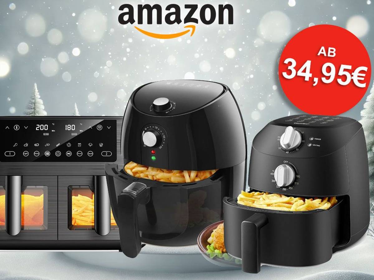 Auf dem Bild sind 3 Airfryer vor einer Schneekulisse mit Tannenbäumen zu sehen.