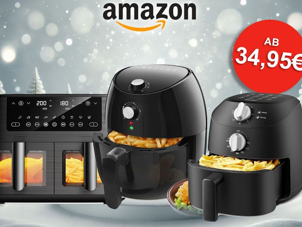 Auf dem Bild sind 3 Airfryer vor einer Schneekulisse mit Tannenbäumen zu sehen.