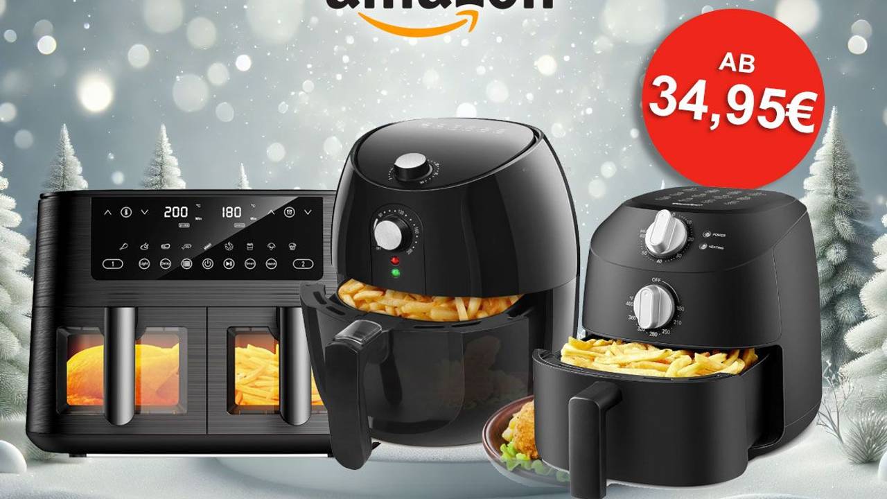Auf dem Bild sind 3 Airfryer vor einer Schneekulisse mit Tannenbäumen zu sehen.