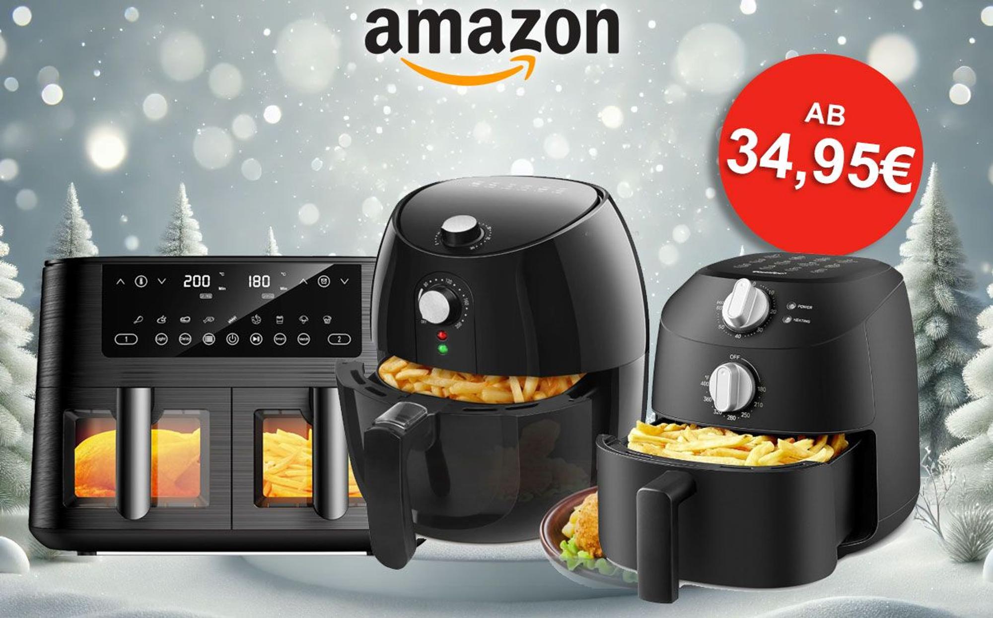 Auf dem Bild sind 3 Airfryer vor einer Schneekulisse mit Tannenbäumen zu sehen.