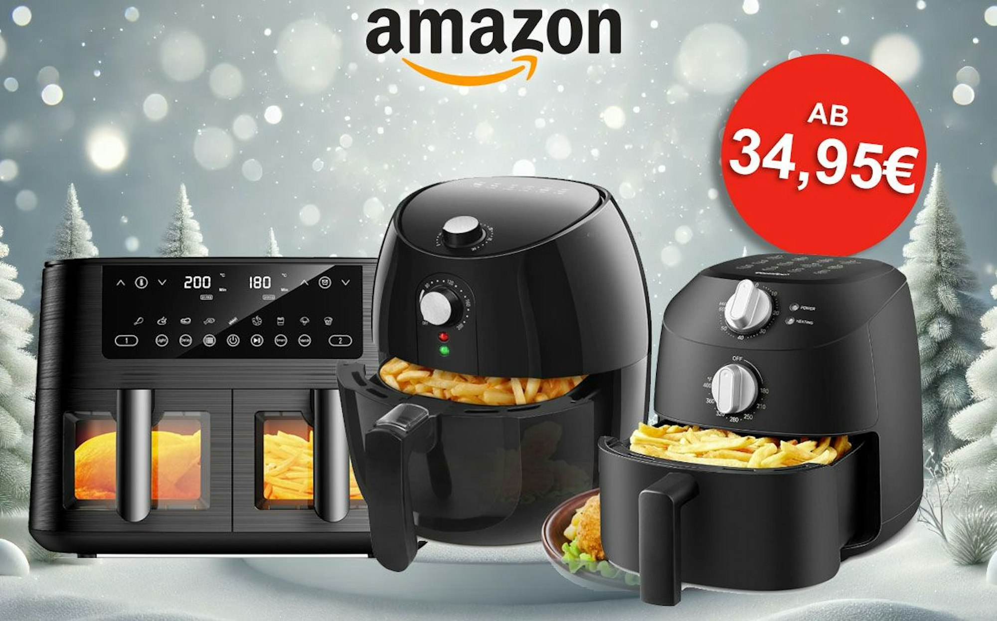 Auf dem Bild sind 3 Airfryer vor einer Schneekulisse mit Tannenbäumen zu sehen.