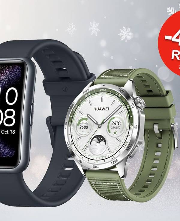 Zwei Huawei Smartwatches und Amazon-Logo vor weihnachtlichem Hintergrund mit Schneeflocken.