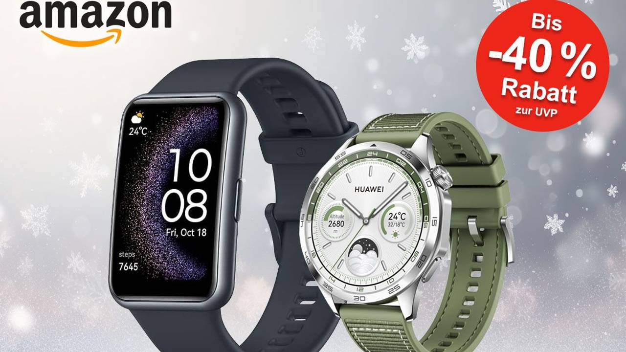 Zwei Huawei Smartwatches und Amazon-Logo vor weihnachtlichem Hintergrund mit Schneeflocken.