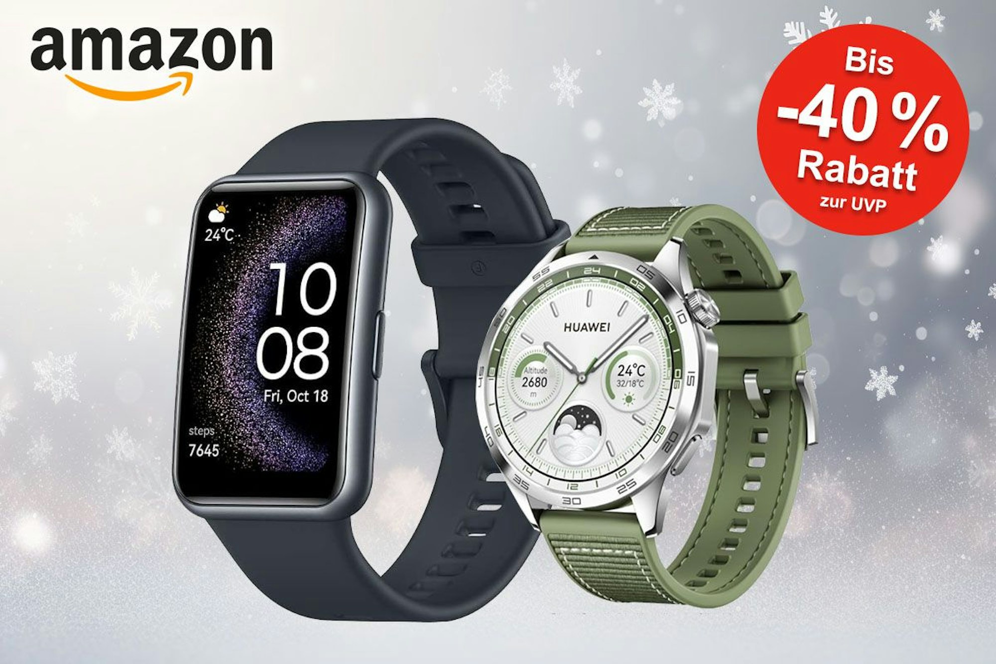 Zwei Huawei Smartwatches und Amazon-Logo vor weihnachtlichem Hintergrund mit Schneeflocken.