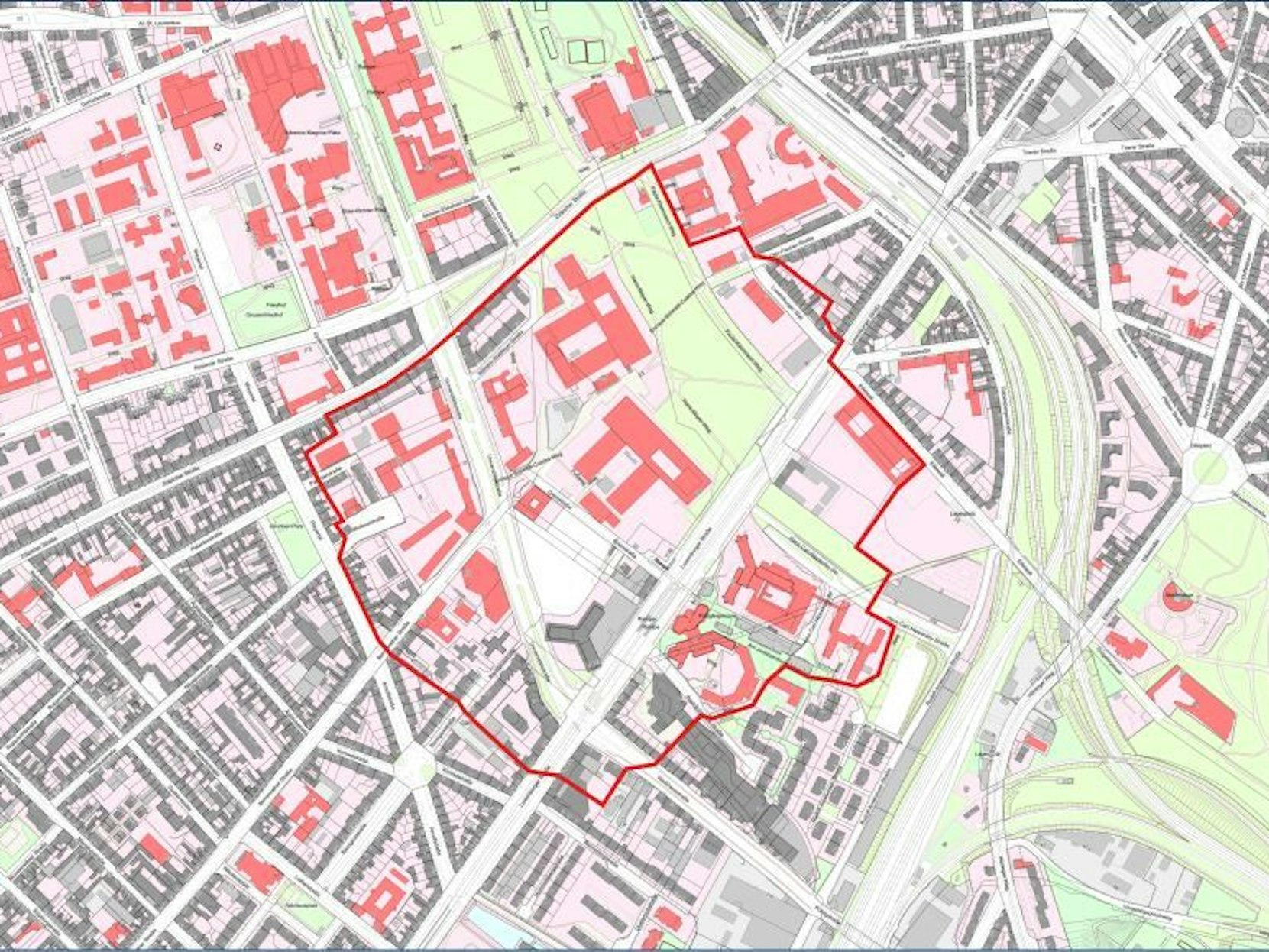 Eine Stadtkarte mit einem markierten Bereich.