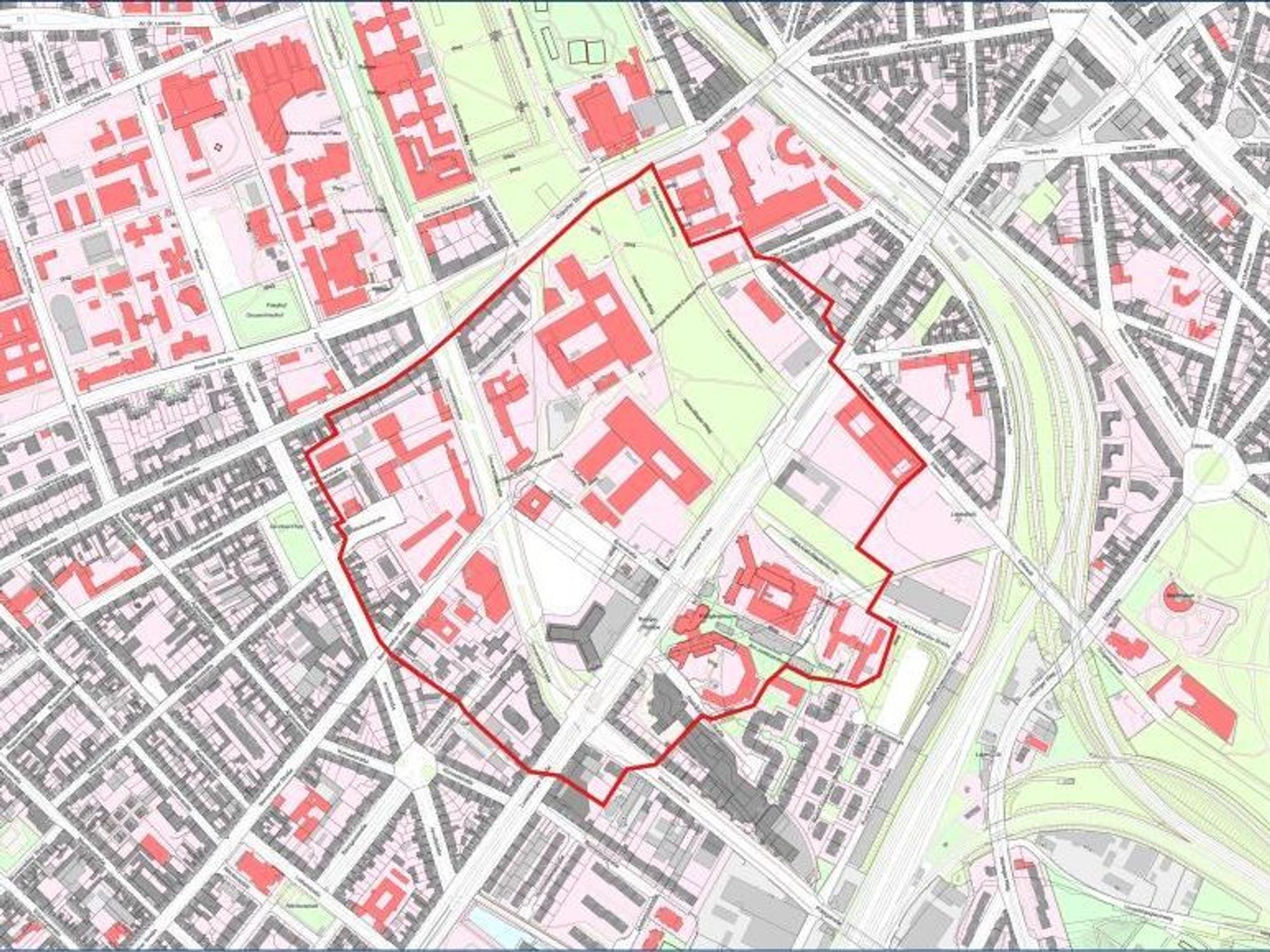 Eine Stadtkarte mit einem markierten Bereich.