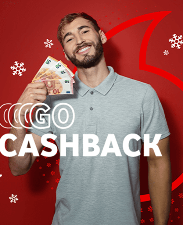 Vodafone Cashback Aktion mit Schneeflocken und einem Mann, der lächelt und Geldscheine in der Hand hält.