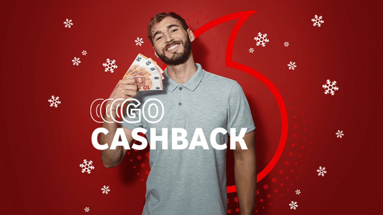 Vodafone Cashback Aktion mit Schneeflocken und einem Mann, der lächelt und Geldscheine in der Hand hält.