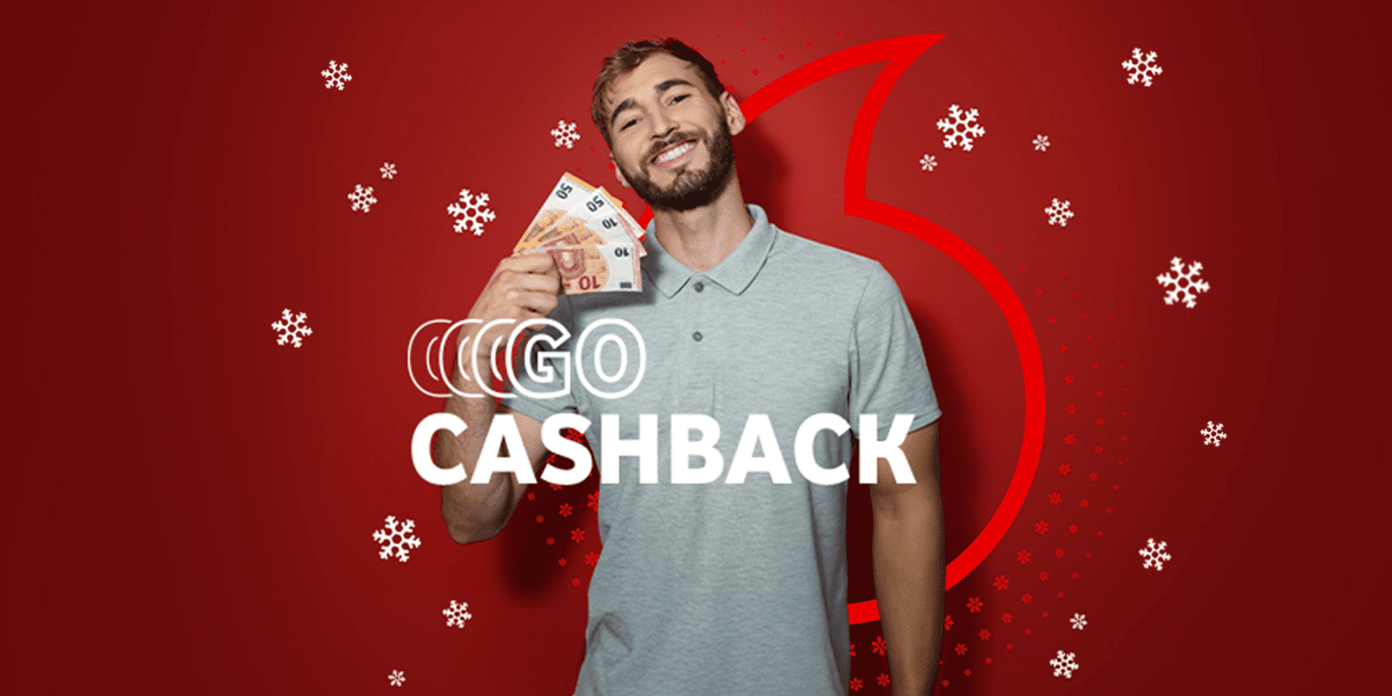 Vodafone Cashback Aktion mit Schneeflocken und einem Mann, der lächelt und Geldscheine in der Hand hält.