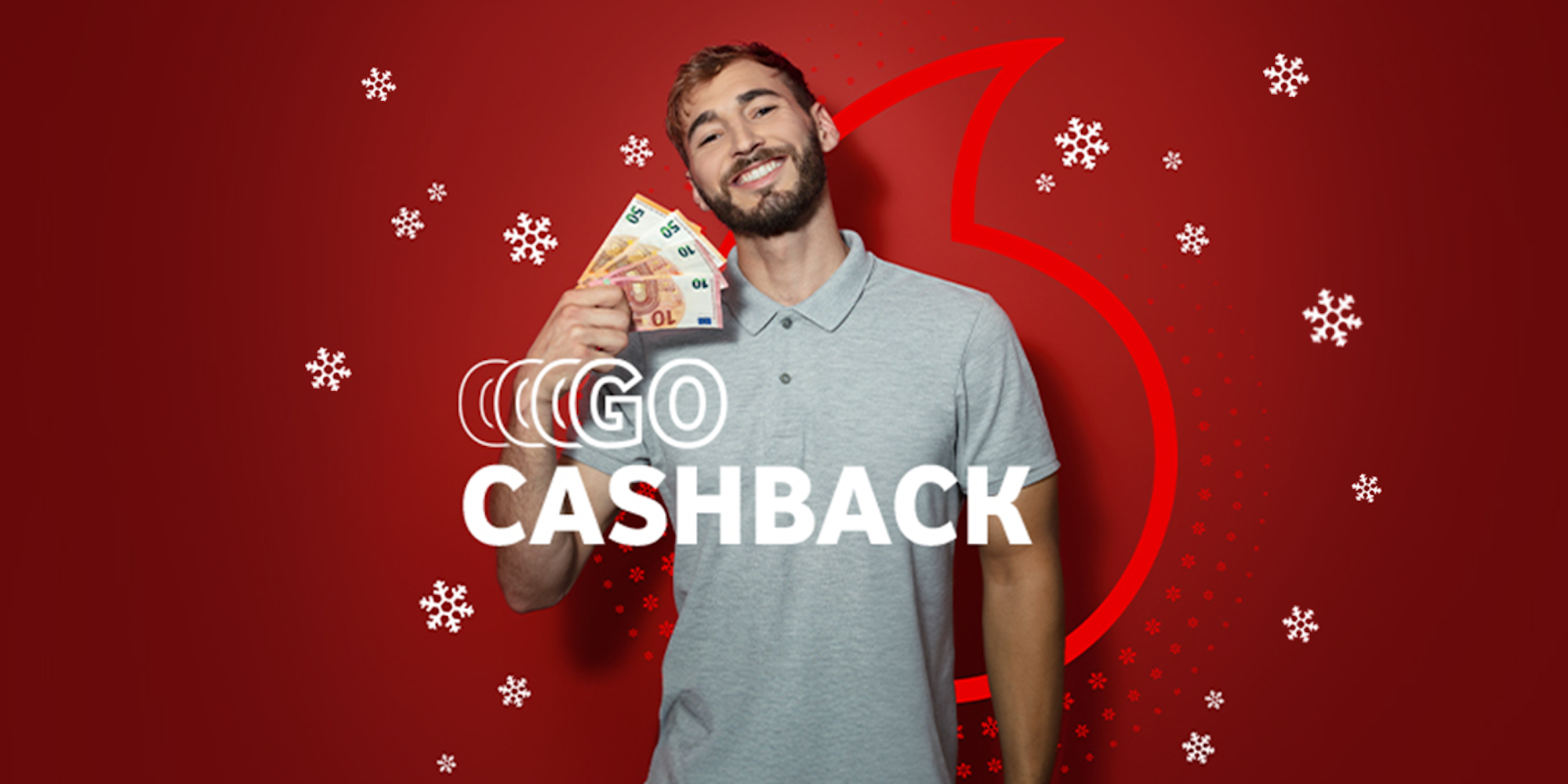 Vodafone Cashback Aktion mit Schneeflocken und einem Mann, der lächelt und Geldscheine in der Hand hält.