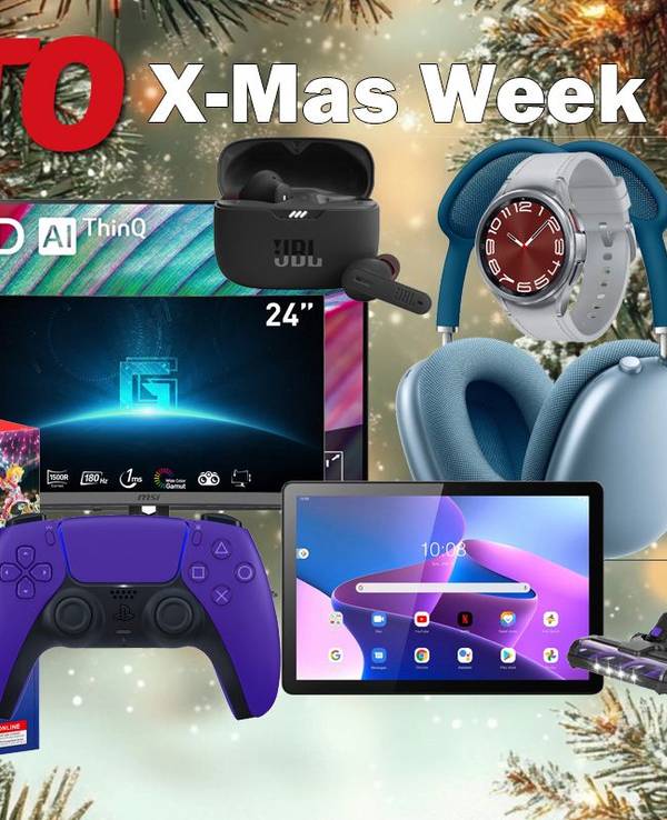 Verschiedene Produktbilder aus der Kategorie Technik von Laptops, Fernseher, AirPods, Ninja Creamy etc. vor einem festlichen Hintergrund