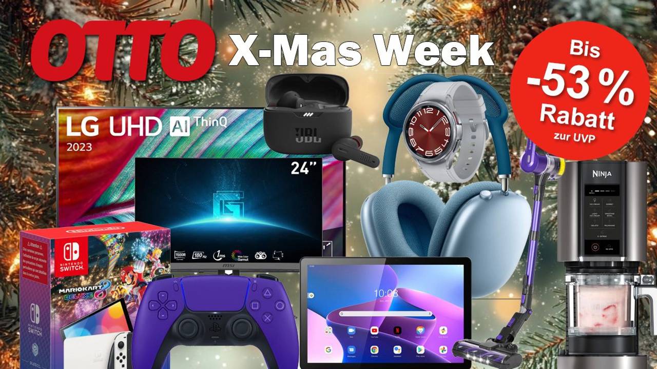 Verschiedene Produktbilder aus der Kategorie Technik von Laptops, Fernseher, AirPods, Ninja Creamy etc. vor einem festlichen Hintergrund