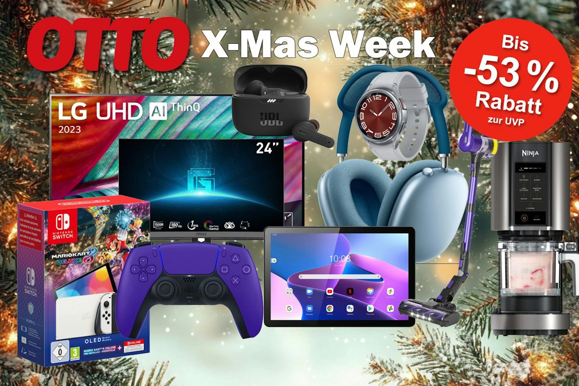 Verschiedene Produktbilder aus der Kategorie Technik von Laptops, Fernseher, AirPods, Ninja Creamy etc. vor einem festlichen Hintergrund