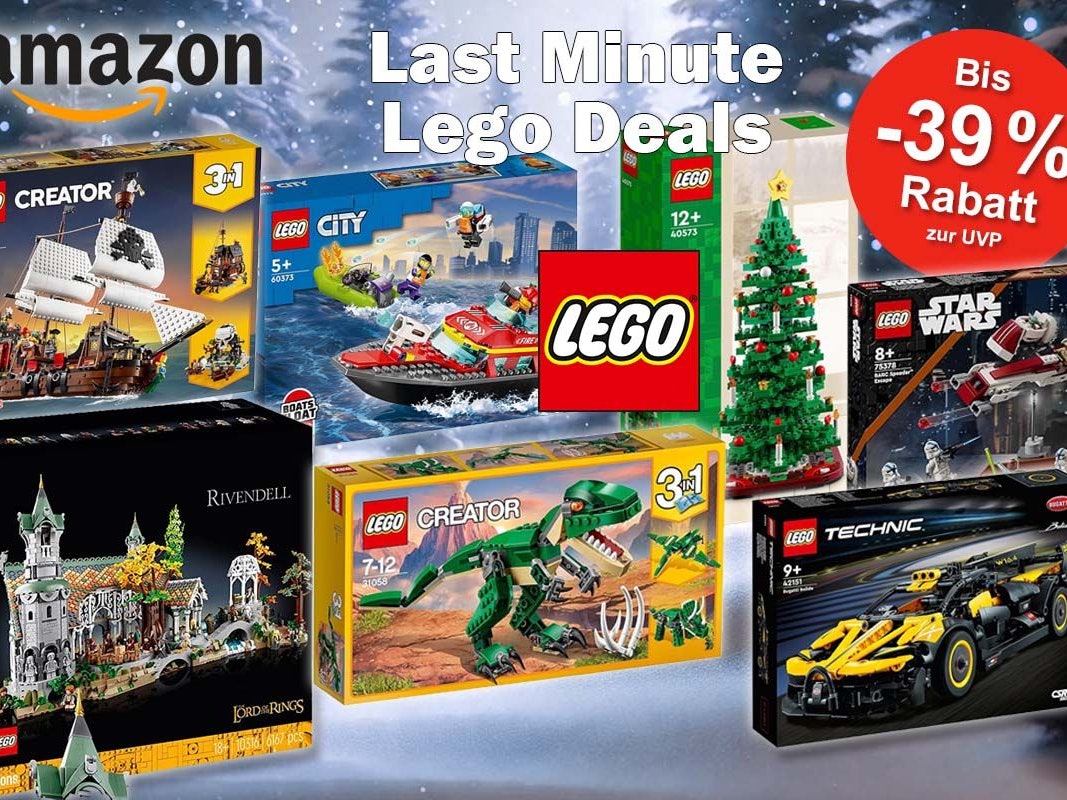 Lego Sets von Creator, City, Star Wars, Technic, Harry Potter Herr der Ringe vor einem verschneiten Winterwald in bläulichen Farben.