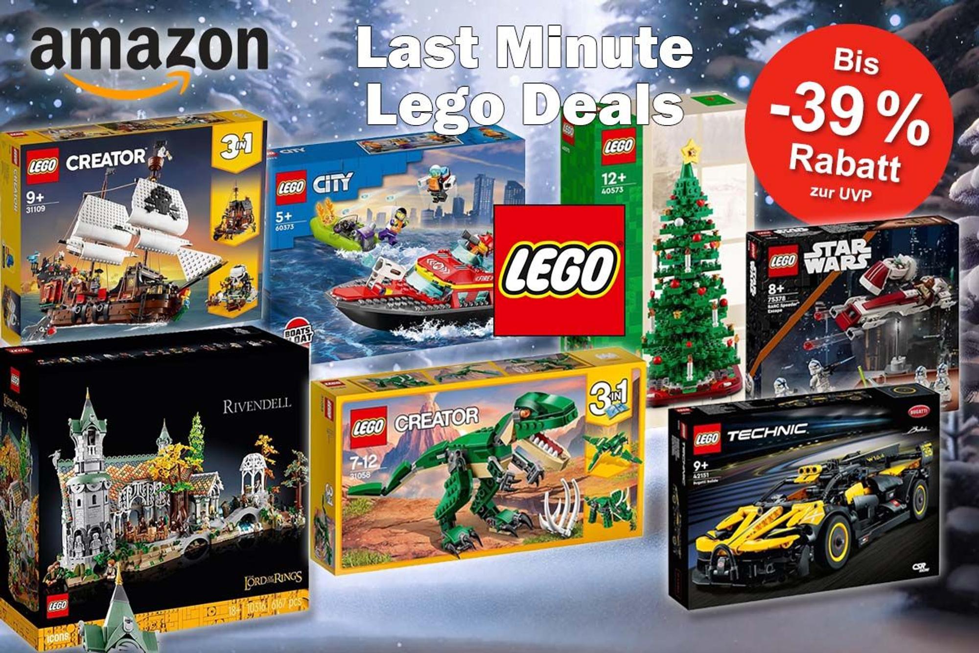 Lego Sets von Creator, City, Star Wars, Technic, Harry Potter Herr der Ringe vor einem verschneiten Winterwald in bläulichen Farben.