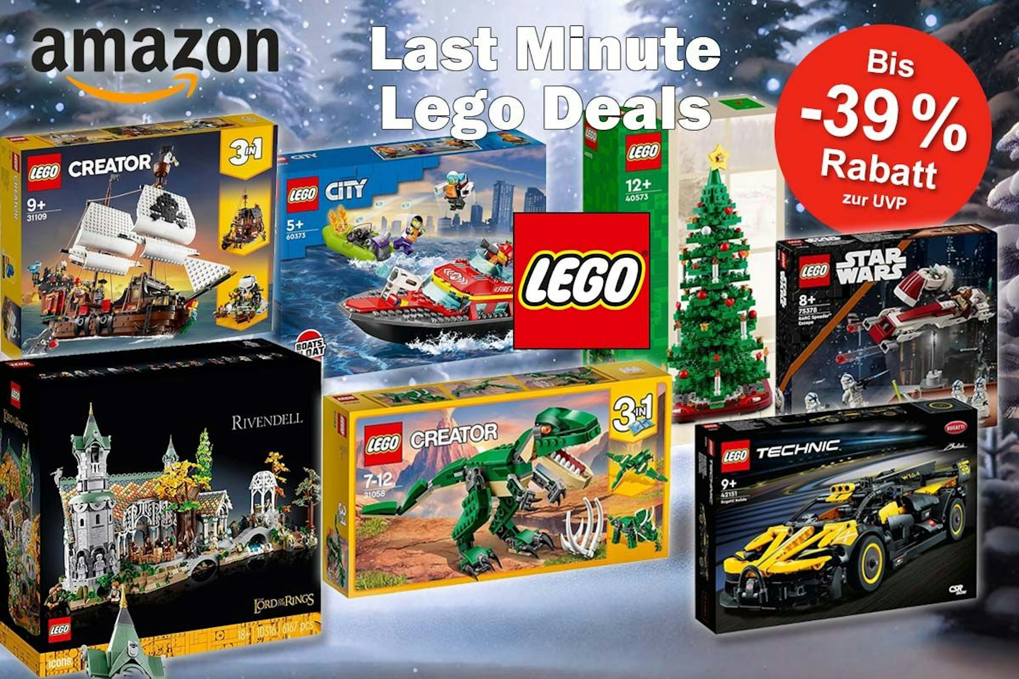 Lego Sets von Creator, City, Star Wars, Technic, Harry Potter Herr der Ringe vor einem verschneiten Winterwald in bläulichen Farben.