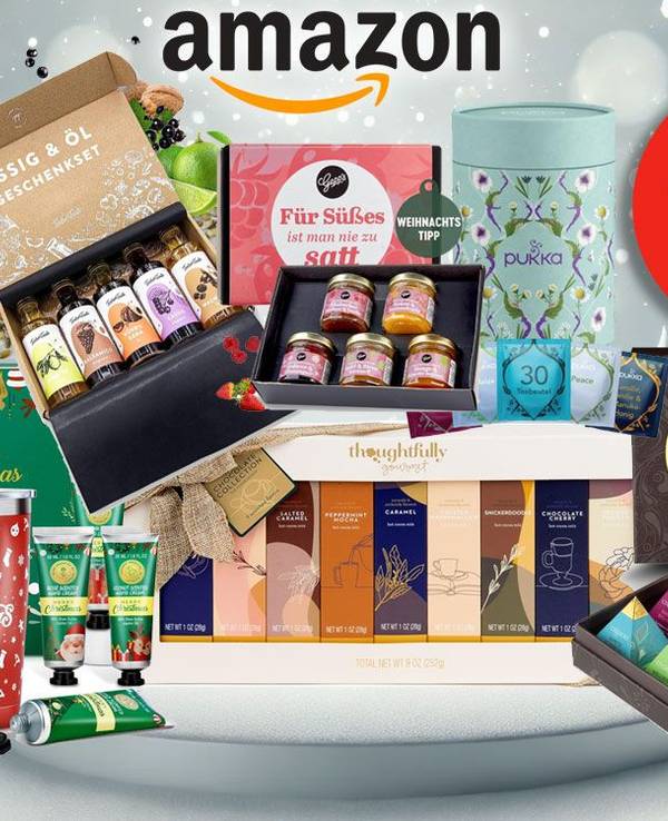 Auf dem Bild sind diverse Geschenksets auf einer Weihnachtskulisse zu sehen.