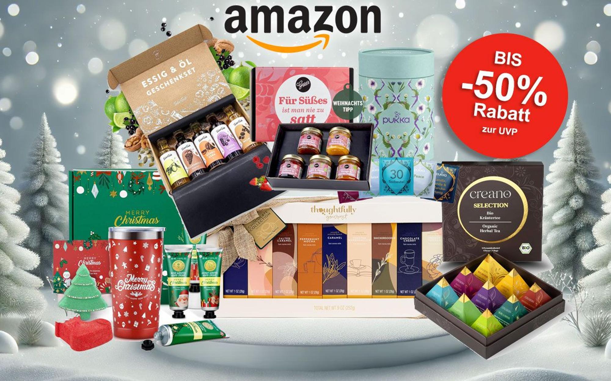 Auf dem Bild sind diverse Geschenksets auf einer Weihnachtskulisse zu sehen.