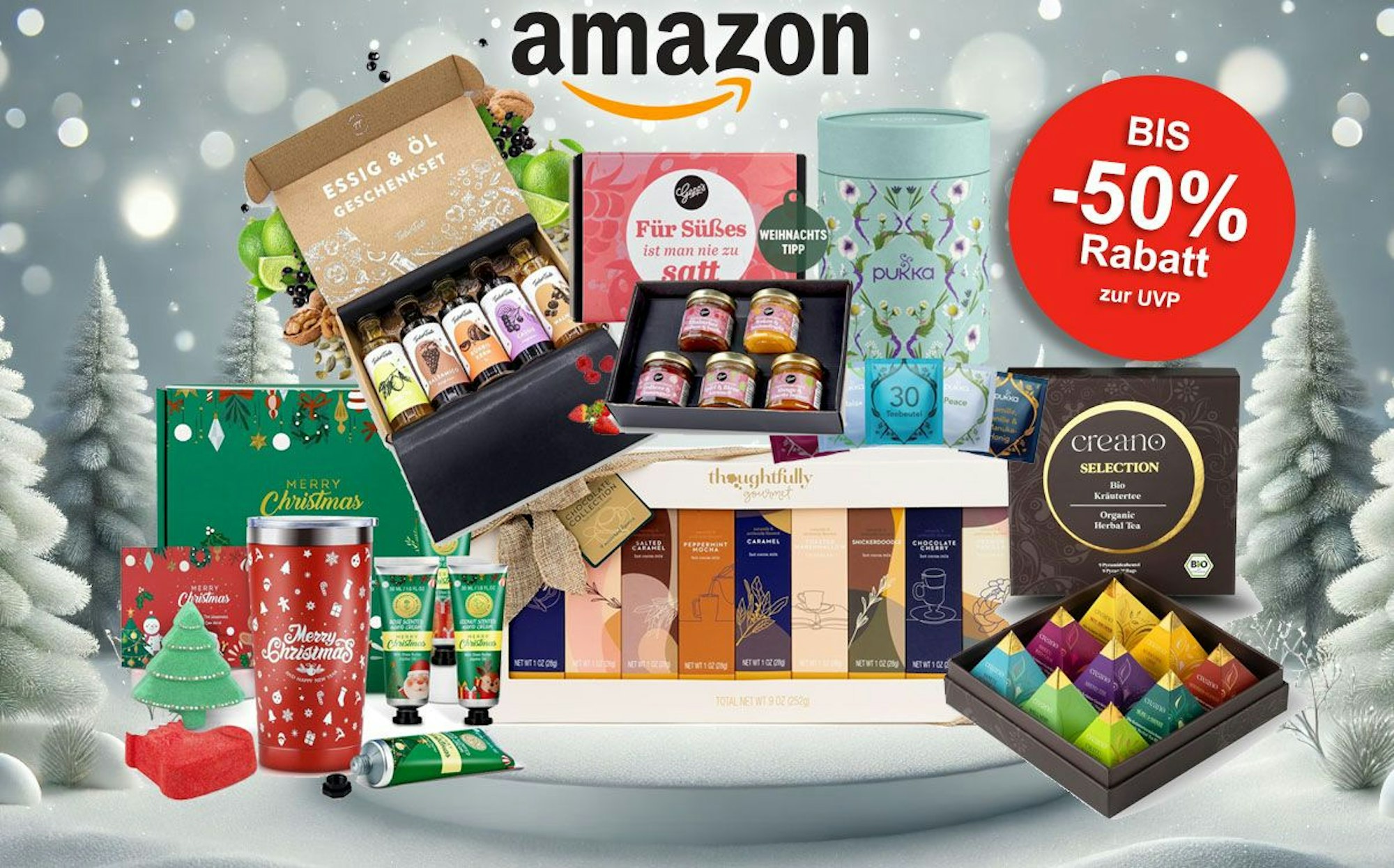 Auf dem Bild sind diverse Geschenksets auf einer Weihnachtskulisse zu sehen.