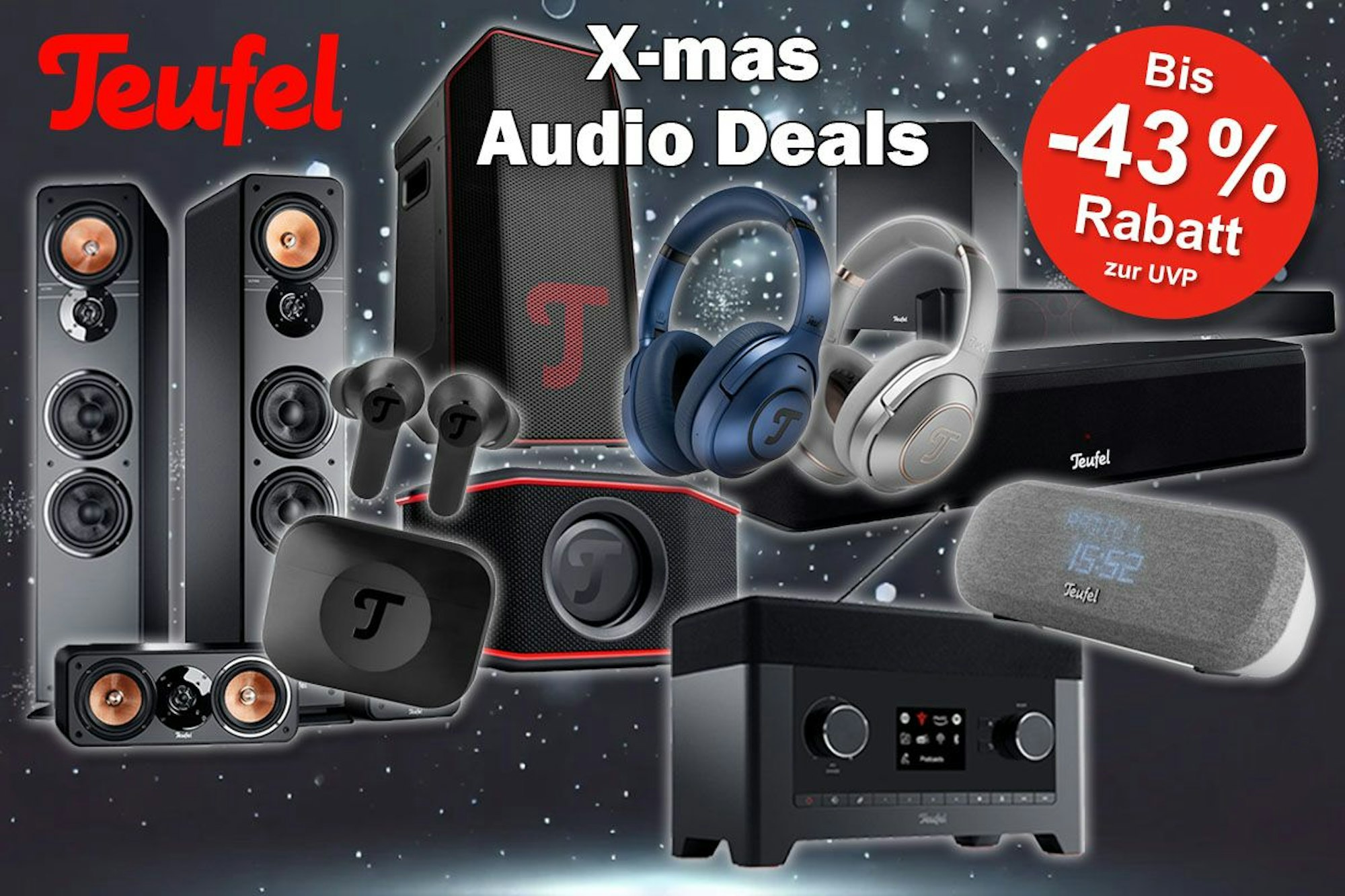 Teufel Audio-Produkte wie Lautsprecher, Kopfhörer und Soundbars vor einem dunklen Hintergrund mit Schneefall.