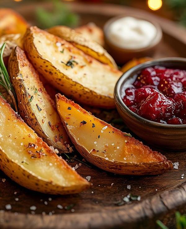 Knusprige Kartoffelecken mit Preiselbeer-Marmelade und Rosmarin auf einem Holzbrett.