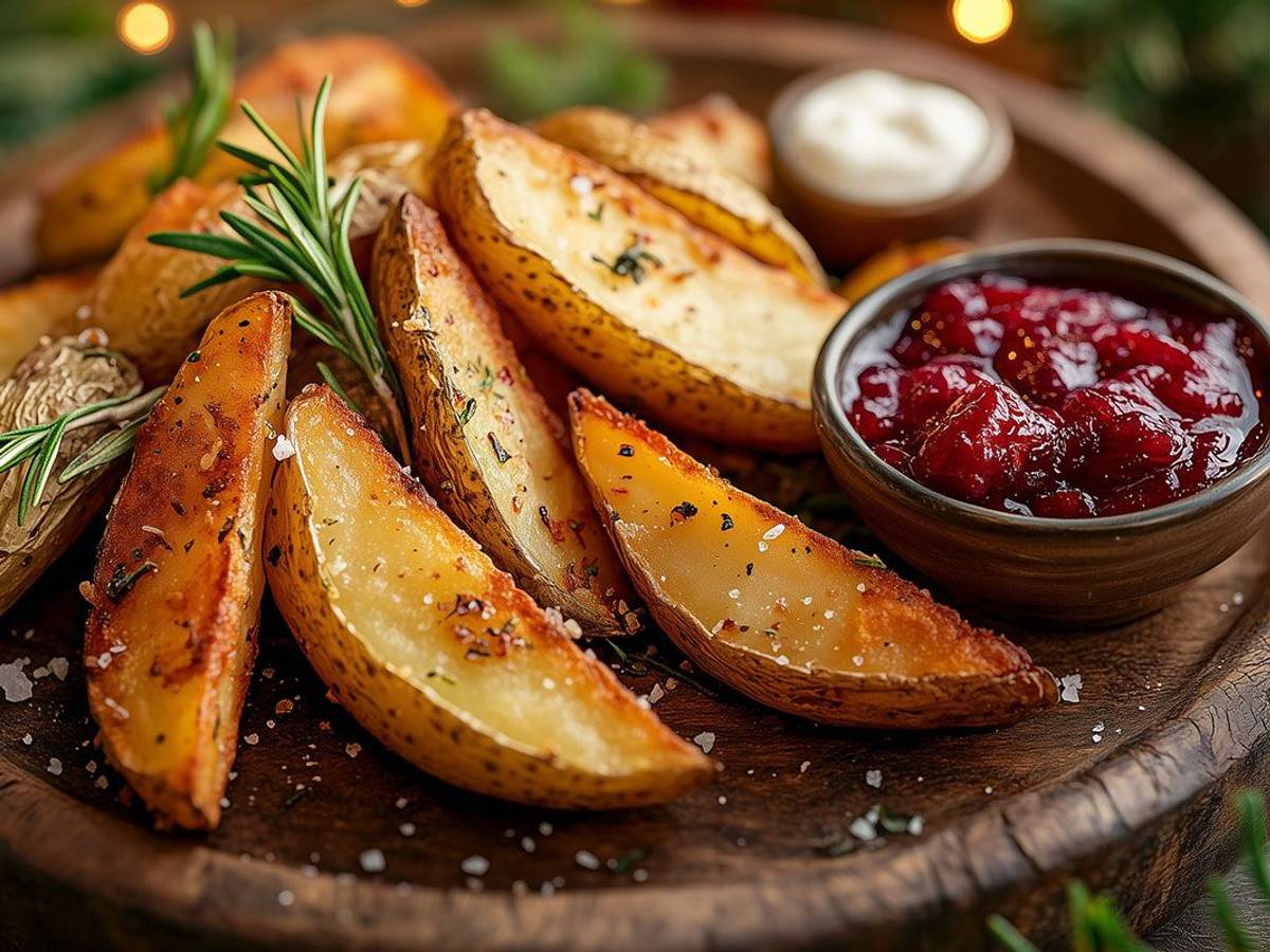 Knusprige Kartoffelecken mit Preiselbeer-Marmelade und Rosmarin auf einem Holzbrett.