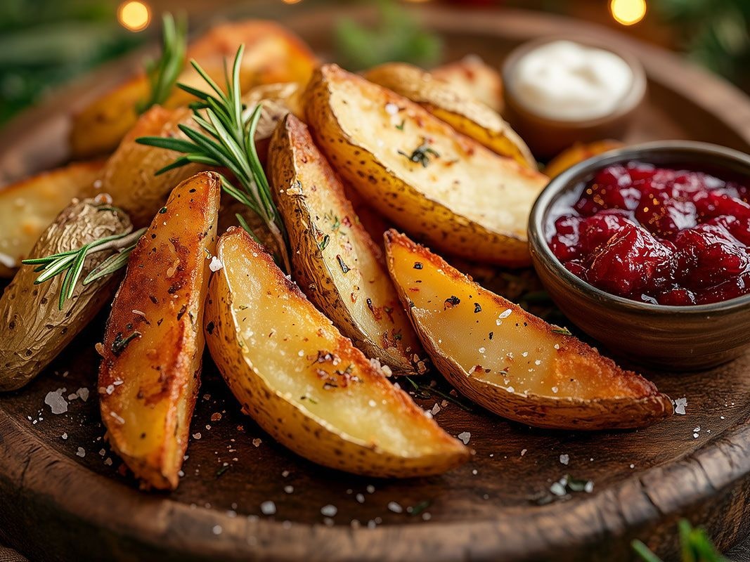 Knusprige Kartoffelecken mit Preiselbeer-Marmelade und Rosmarin auf einem Holzbrett.