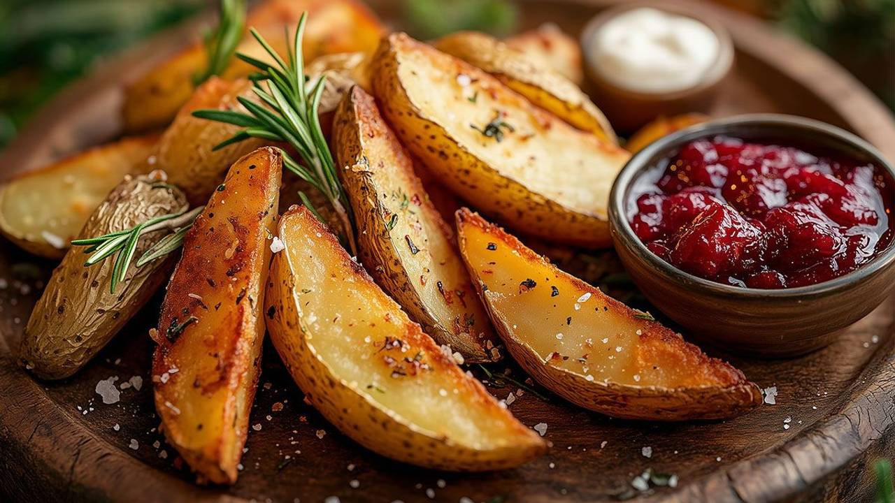 Knusprige Kartoffelecken mit Preiselbeer-Marmelade und Rosmarin auf einem Holzbrett.