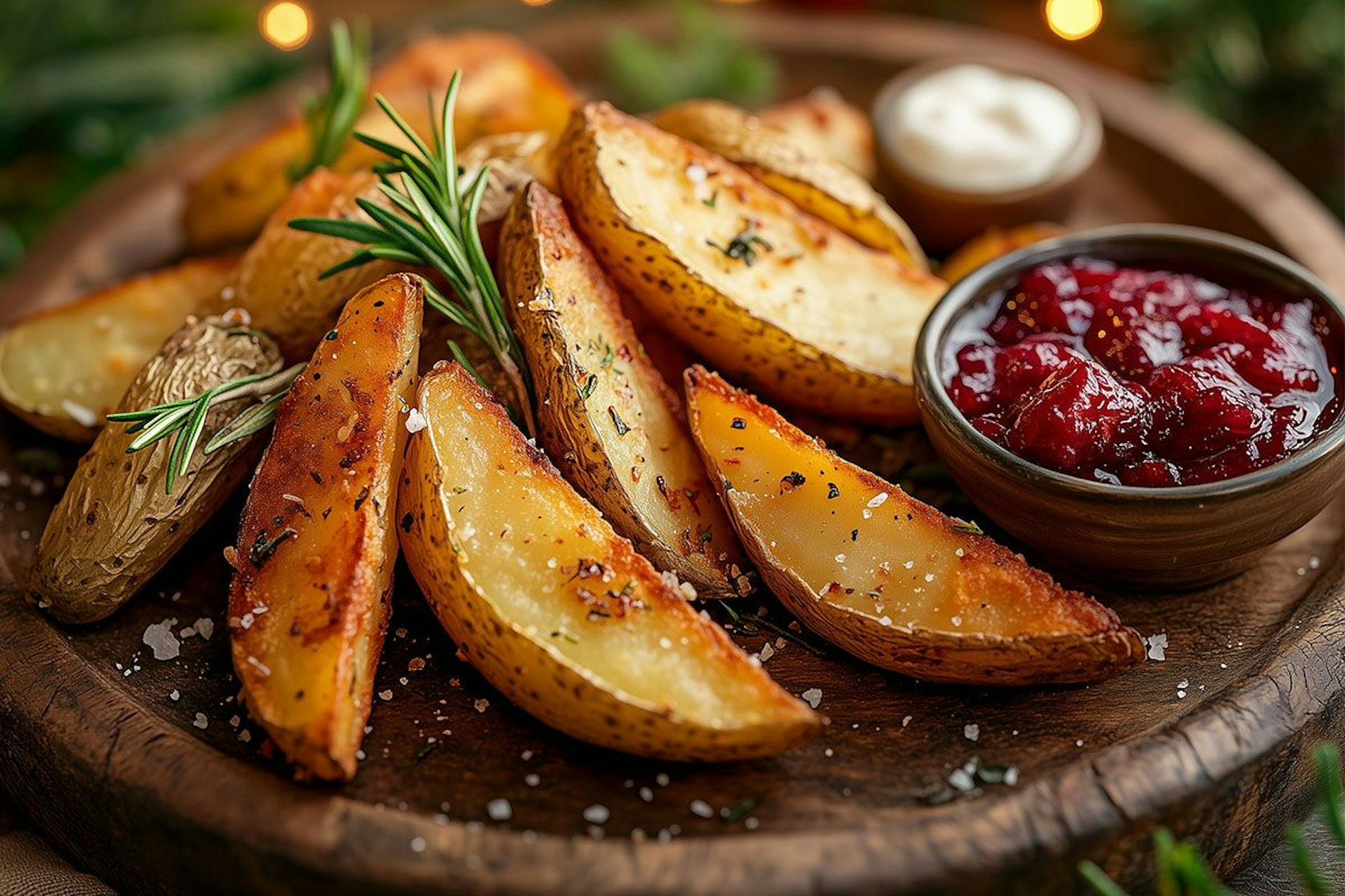 Knusprige Kartoffelecken mit Preiselbeer-Marmelade und Rosmarin auf einem Holzbrett.