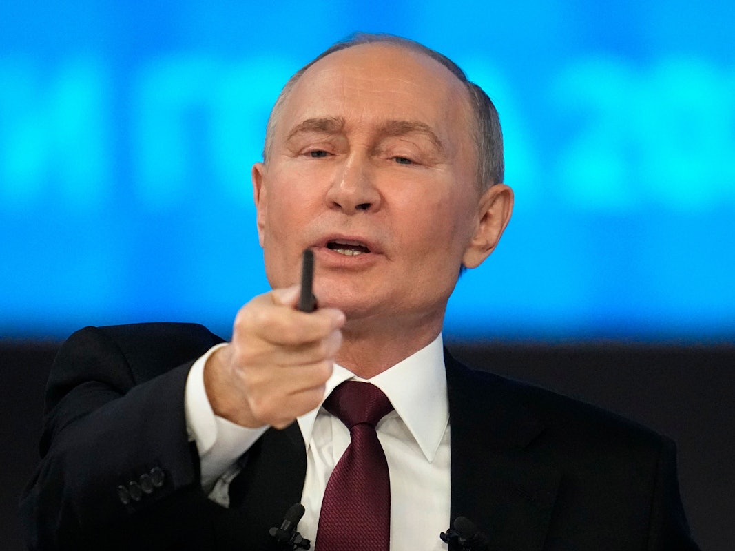 Russian President Vladimir Putin gestures during his annual news conference and call-in show at Gostinny Dvor in Moscow, Russia, Thursday, Dec. 19, 2024. (AP Photo/Alexander Zemlianichenko)