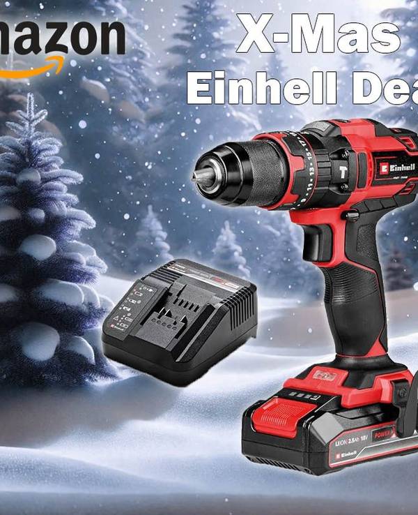 Einhell Akku-Schlagbohrschrauber TE-CD 18/44 Li-i mit Ladegerät vor einem verschneiten Winterwald.
