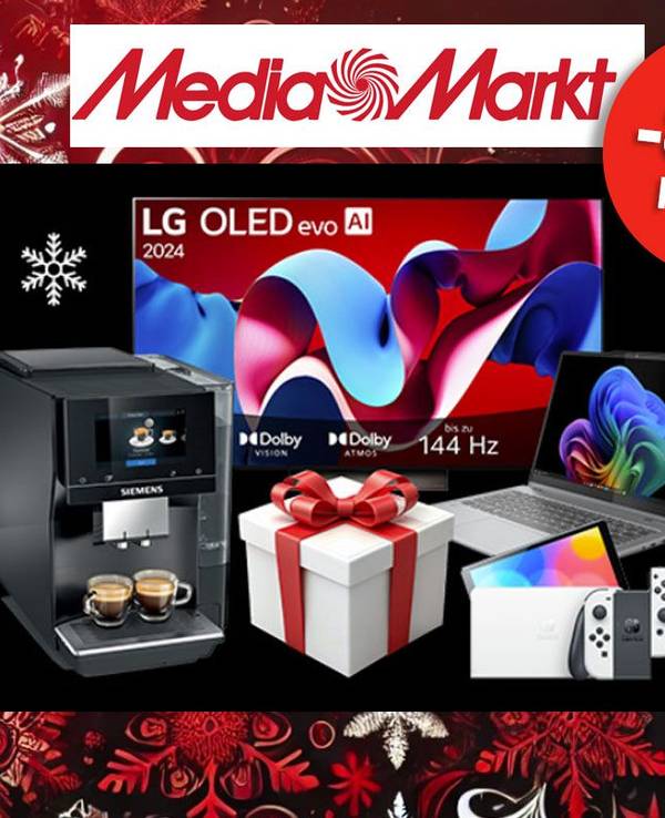 Auf dem Bild ist ein TV, eine Kaffeemaschine und andere Elektronik-Geräte zu sehen, die bei Media Markt verkauft werden.