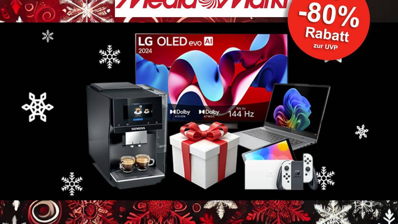 Auf dem Bild ist ein TV, eine Kaffeemaschine und andere Elektronik-Geräte zu sehen, die bei Media Markt verkauft werden.