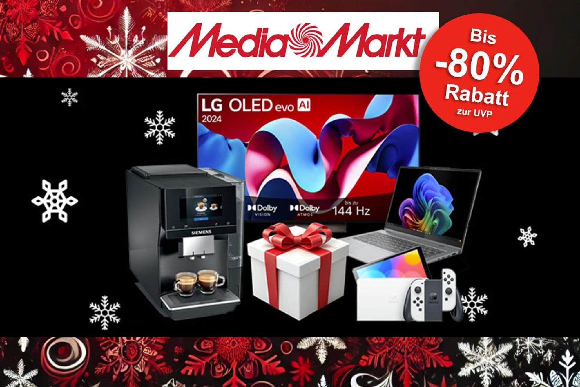 Auf dem Bild ist ein TV, eine Kaffeemaschine und andere Elektronik-Geräte zu sehen, die bei Media Markt verkauft werden.